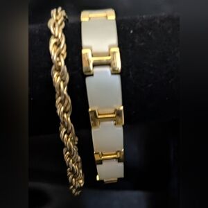 #2,Gold-Tone and Ivory Ceramic Link Bracelet with Gold Tone Rope Chain Bracelet